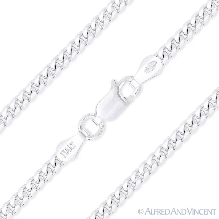 3.3mm Miami Curb Link Italian Chain Necklace in Solid .925 Sterling Silver 28
