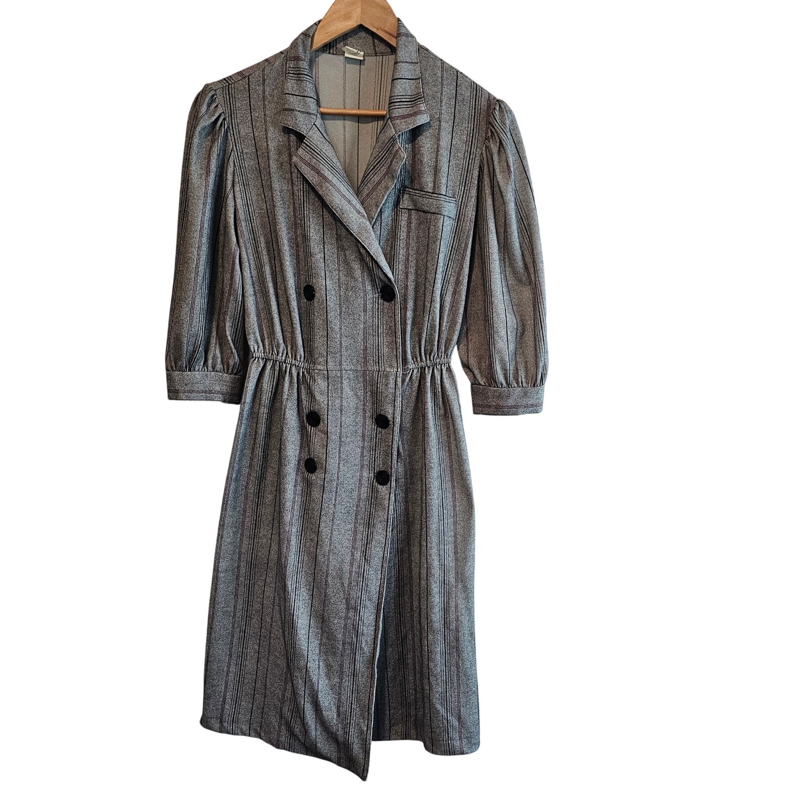 Vintage 80s Shirt Dress Women Large Gray Striped Midi Pleated Glam Rock Preppy