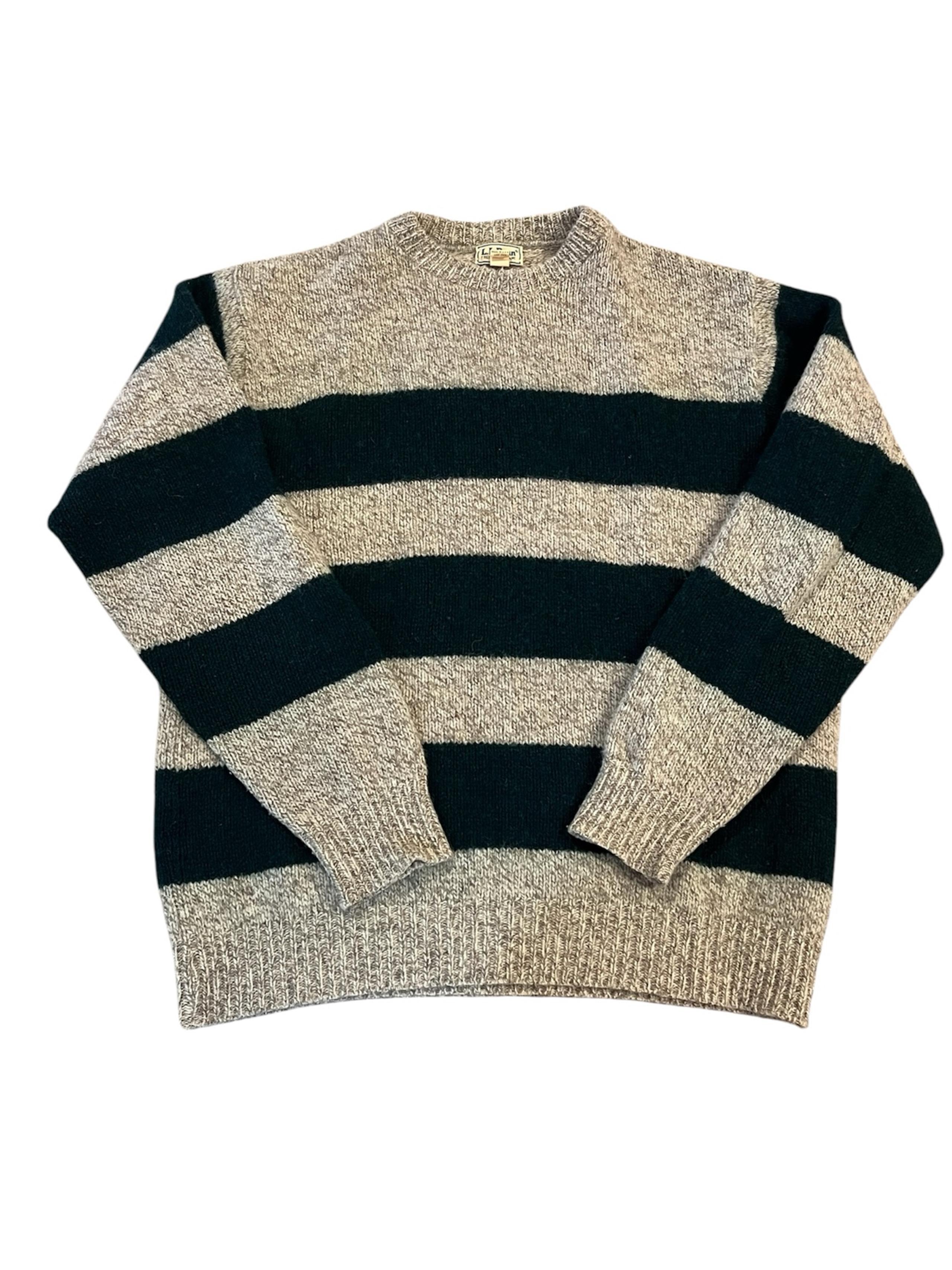 VTG LL Bean Rare Beige Green Wool Striped Sweater Crewneck XL Long Outdoors USA