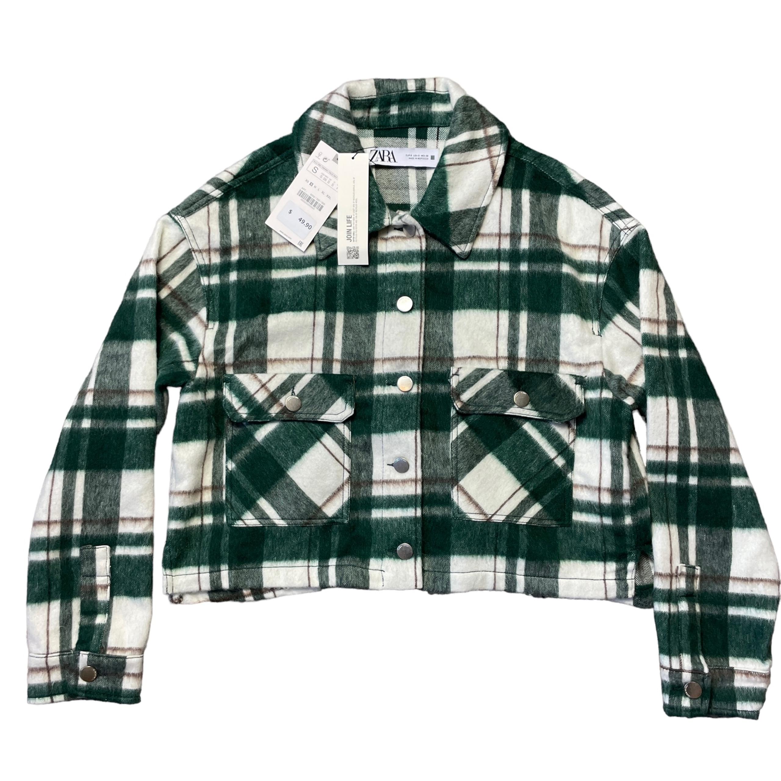 Zara Plaid Wool Cropped Jacket Womens Small Green White