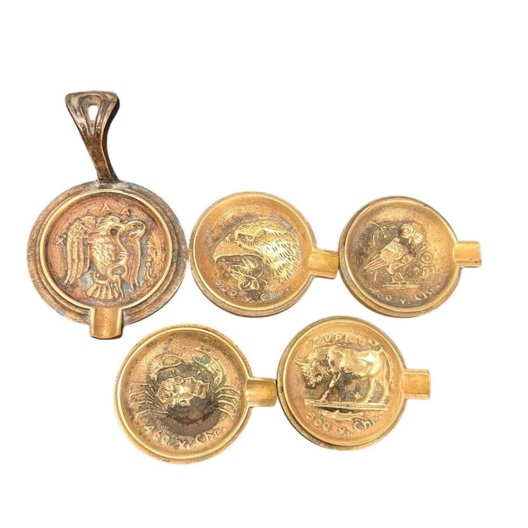 Vintage Retro MCM Solid Brass Stacking 5 Ashtrays with Storage Caddy