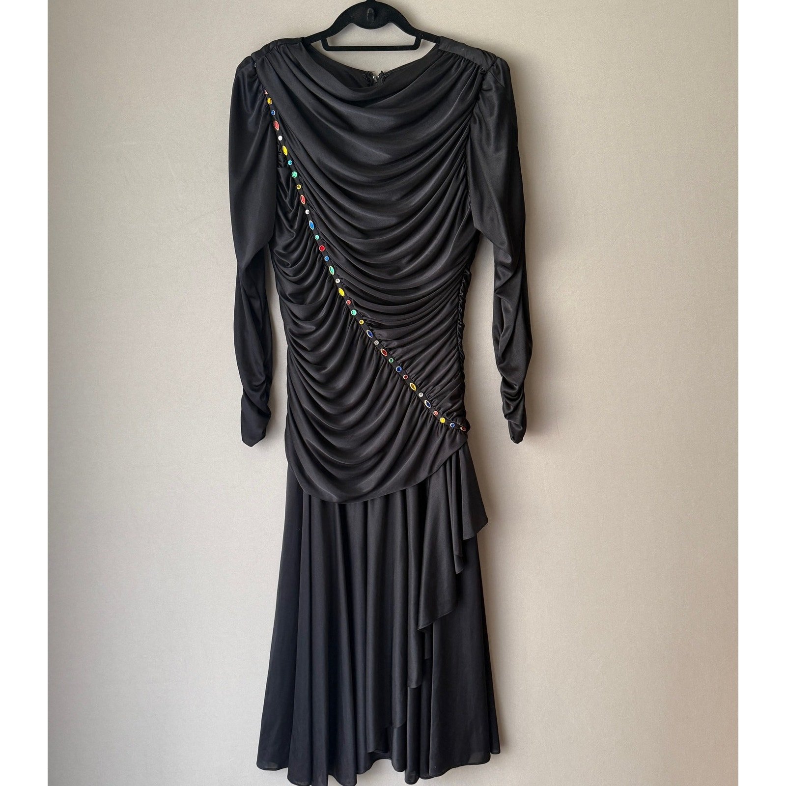 Susan Roseli sz 12 black VINTAGE jewel studded long sleeve midi Dress