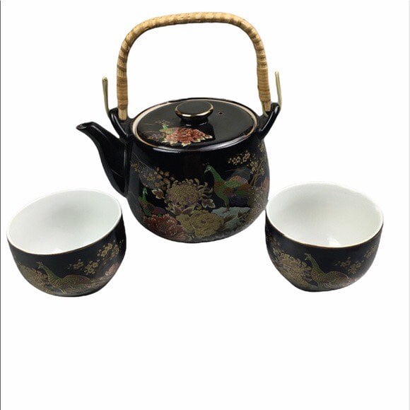 Vintage Japanese peacock tea pot and cup set