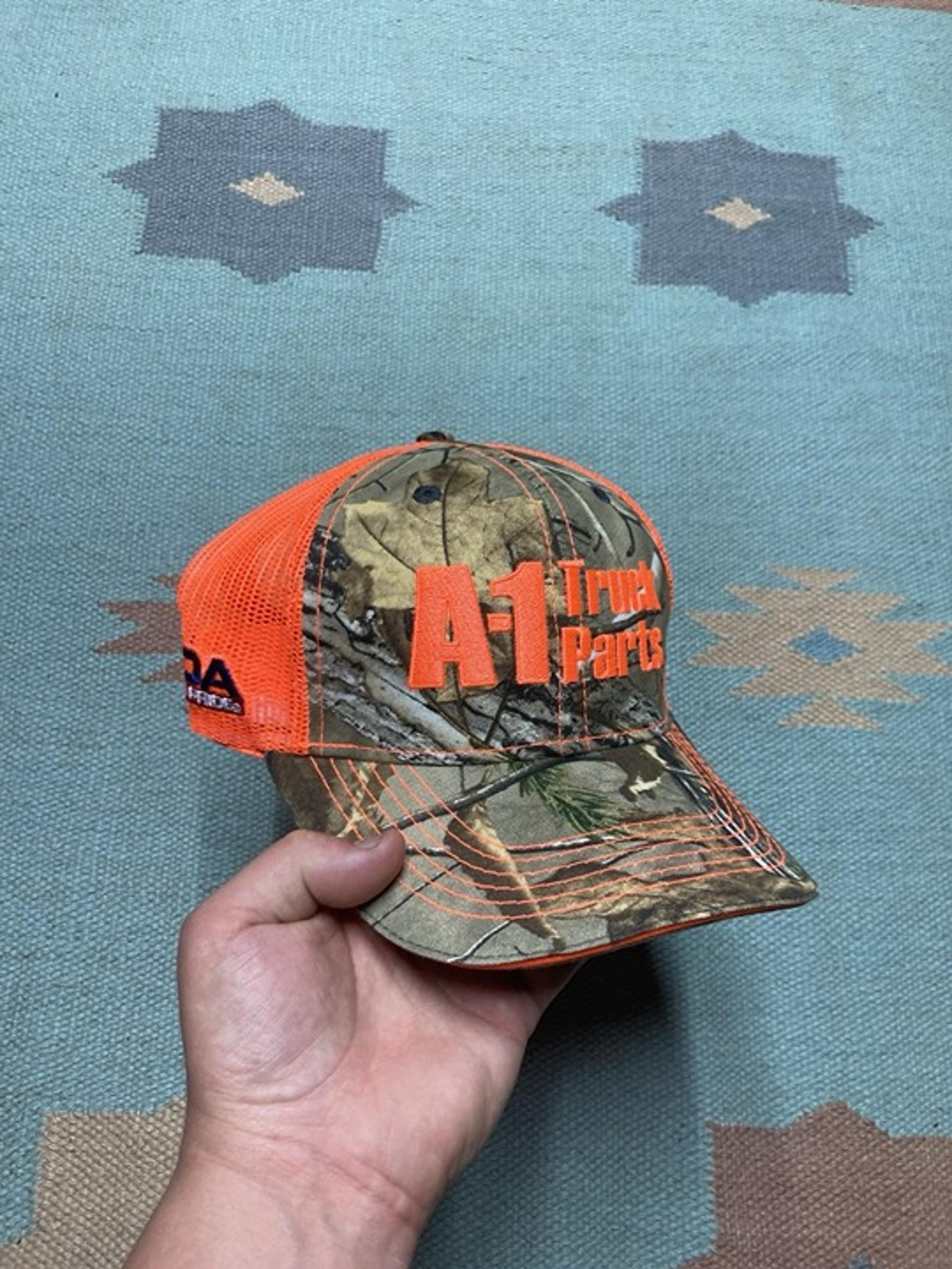Vintage strapback hat camo cap A-1 truck parts hi vis orange hunting mechanic