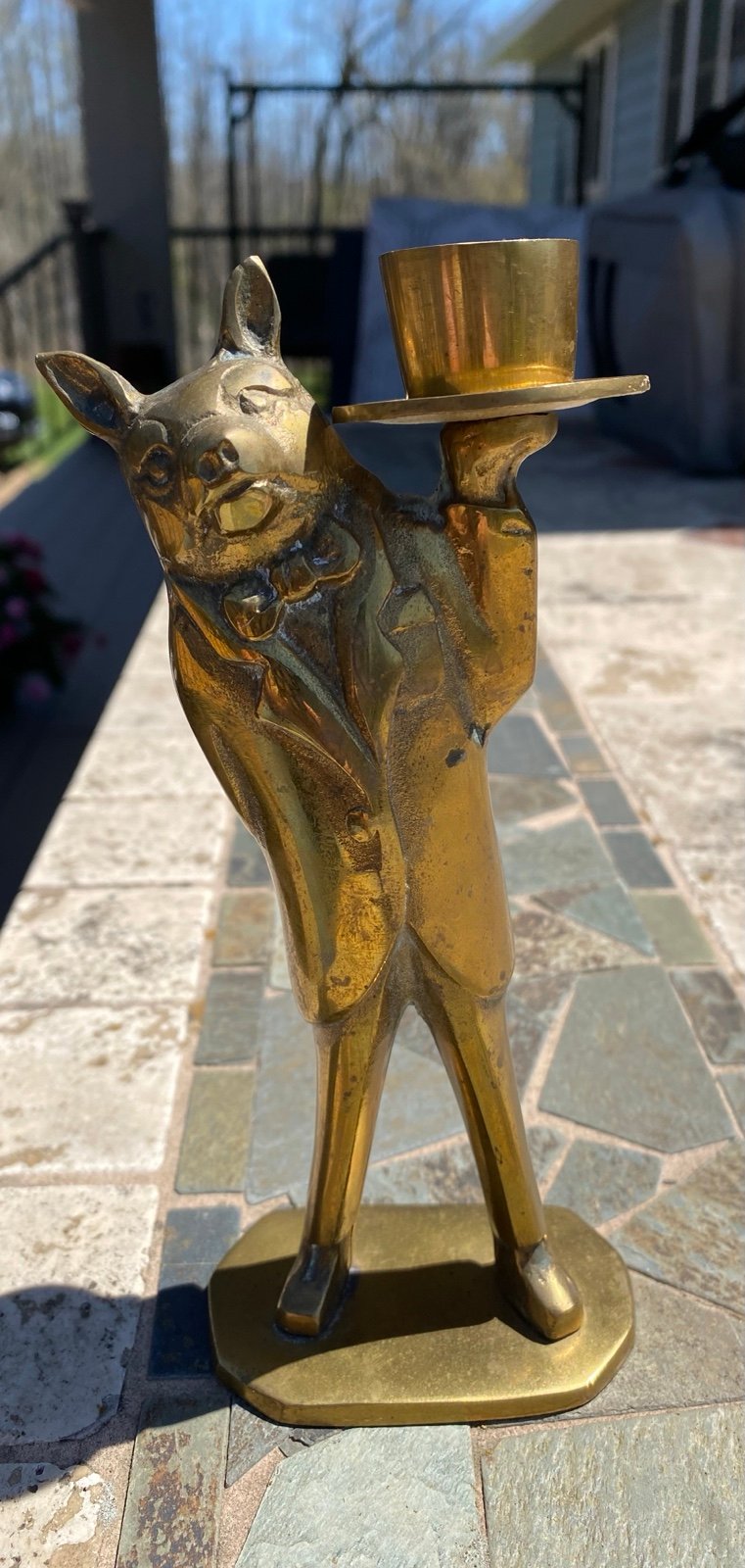 Vintage brass pig butler candlestick holder