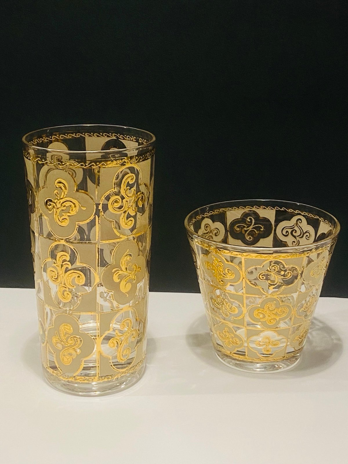 Vtg CULVER Sallye Set of 2 -24K Gold Design Tall Tumbler & Lowball Glasses