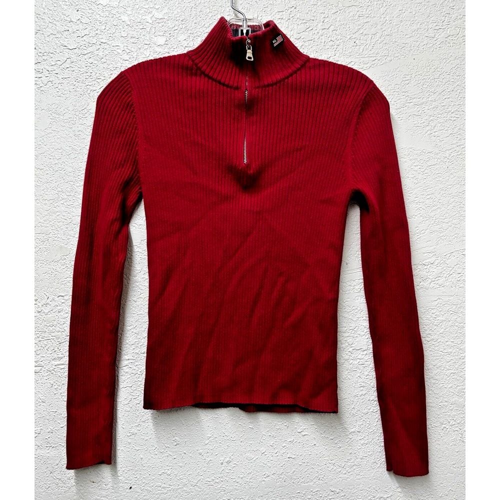 Vtg Ralph Lauren Polo Jeans Co Ribbed 1/4 Zip Sweater Women M 90s Y2k Crop Flag