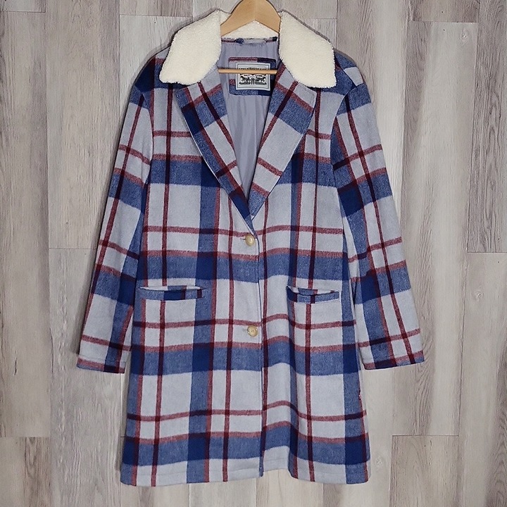 Levi Strauss Blue Red Plaid Lined Removeable Collar Long Coat Womens Size Large