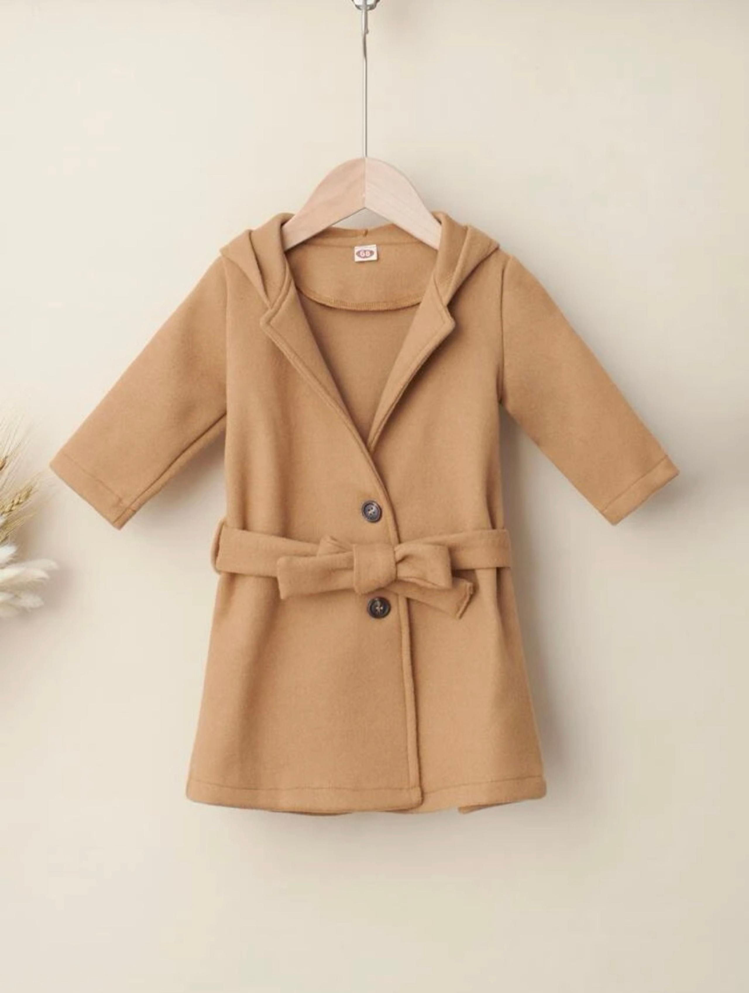 Baby Solid Belted Button Front Hooded Overcoat