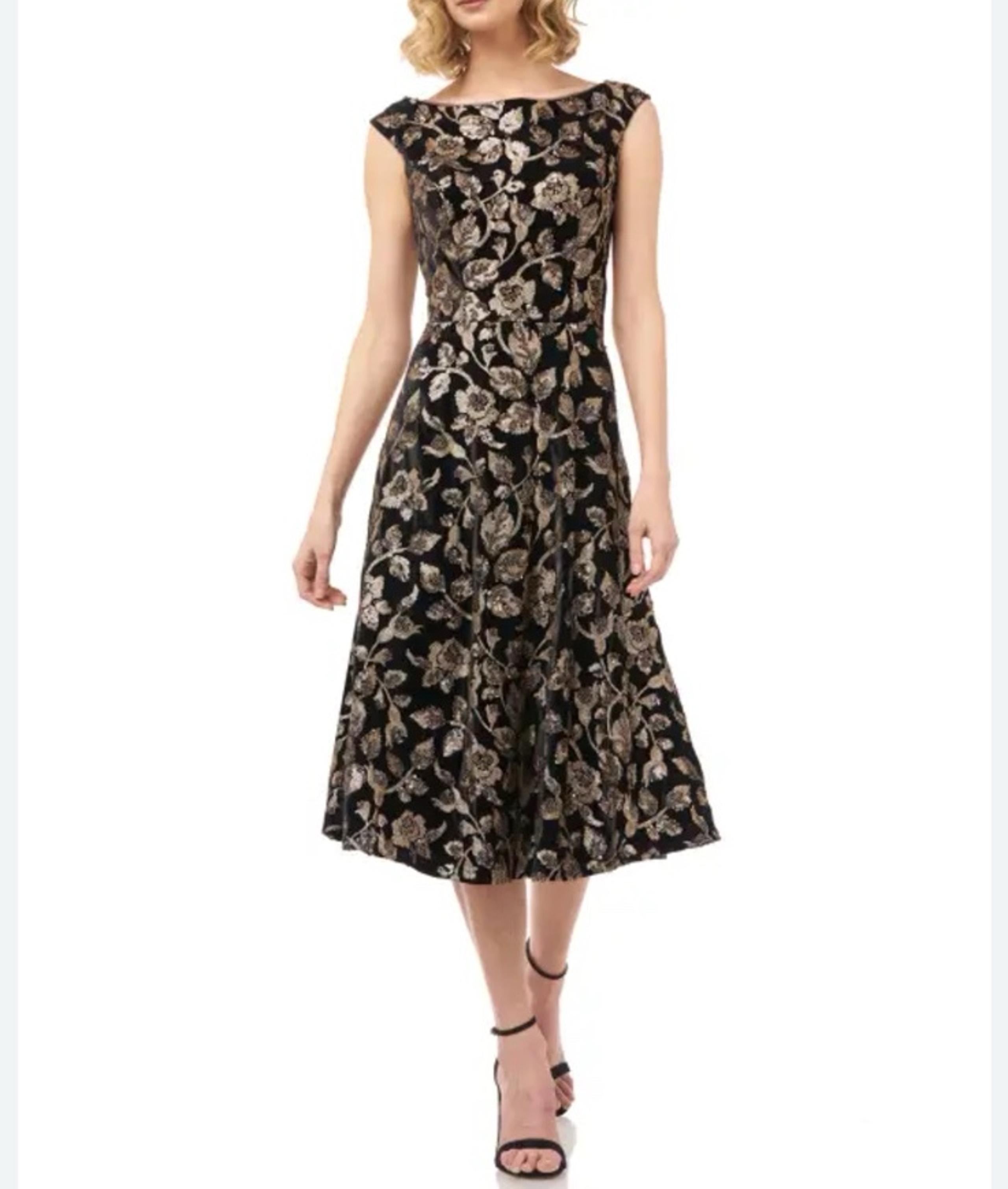 Alessia Floral Sequin Boat-Neck Cap-Sleeve Velvet Midi Dress