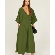 Vince Dress Womens Medium Green Flutter Sleeve Midi V Neck A Line