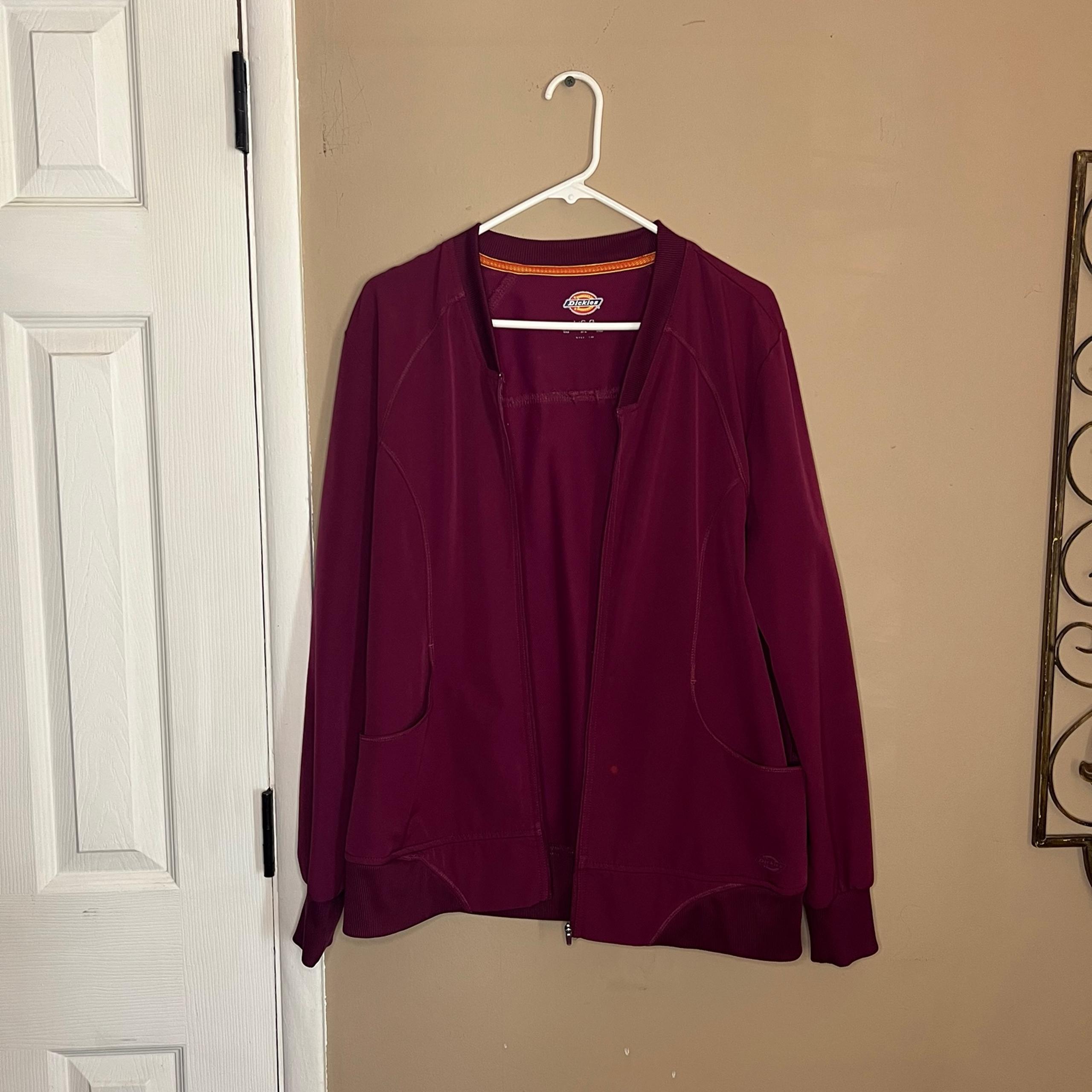 Burgundy Dickies zip-up scrub jacket