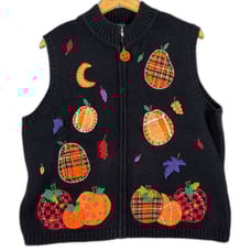 Studio Treat Women Sweater Vest Halloween Fall Pumpkin Embroidered XL H161