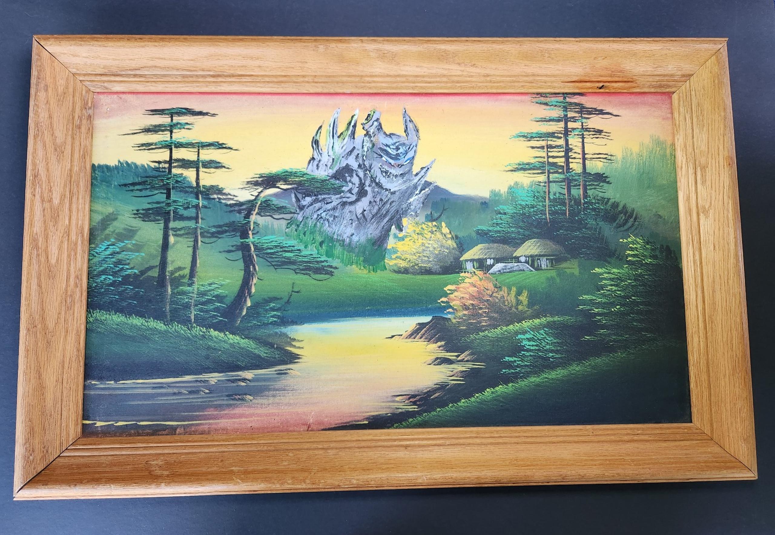 OOAK Framed Painting Asian Inspired Style Landscape & Village Rock Monster 24×15