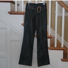ISABEL Chic Vintage Black Genuine Leather Flare Pants with Belt Detail Size 2