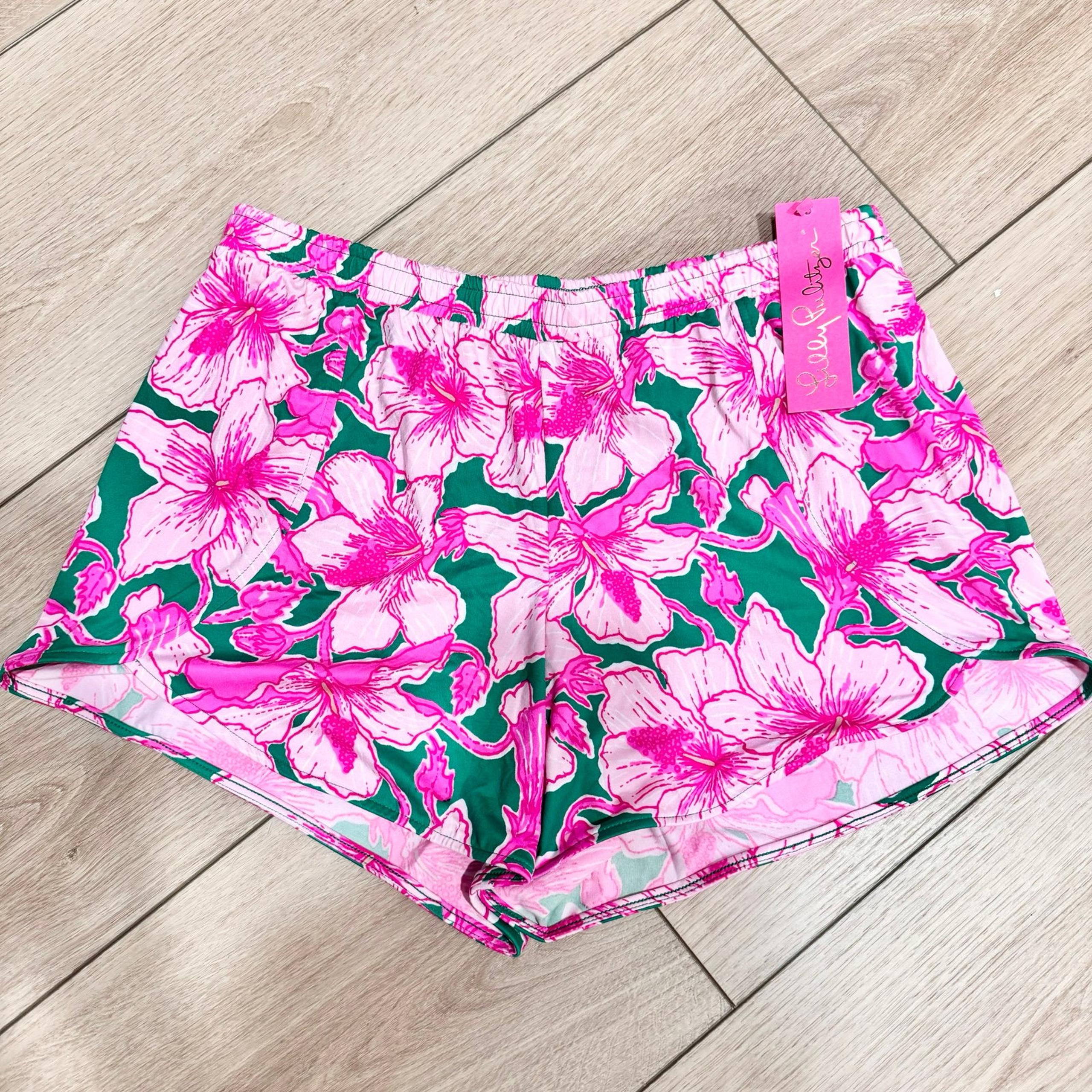 NWT Lilly Pulitzer Sevina PJ Knit Short Kelly Green Hibiskiss M pajamas pink