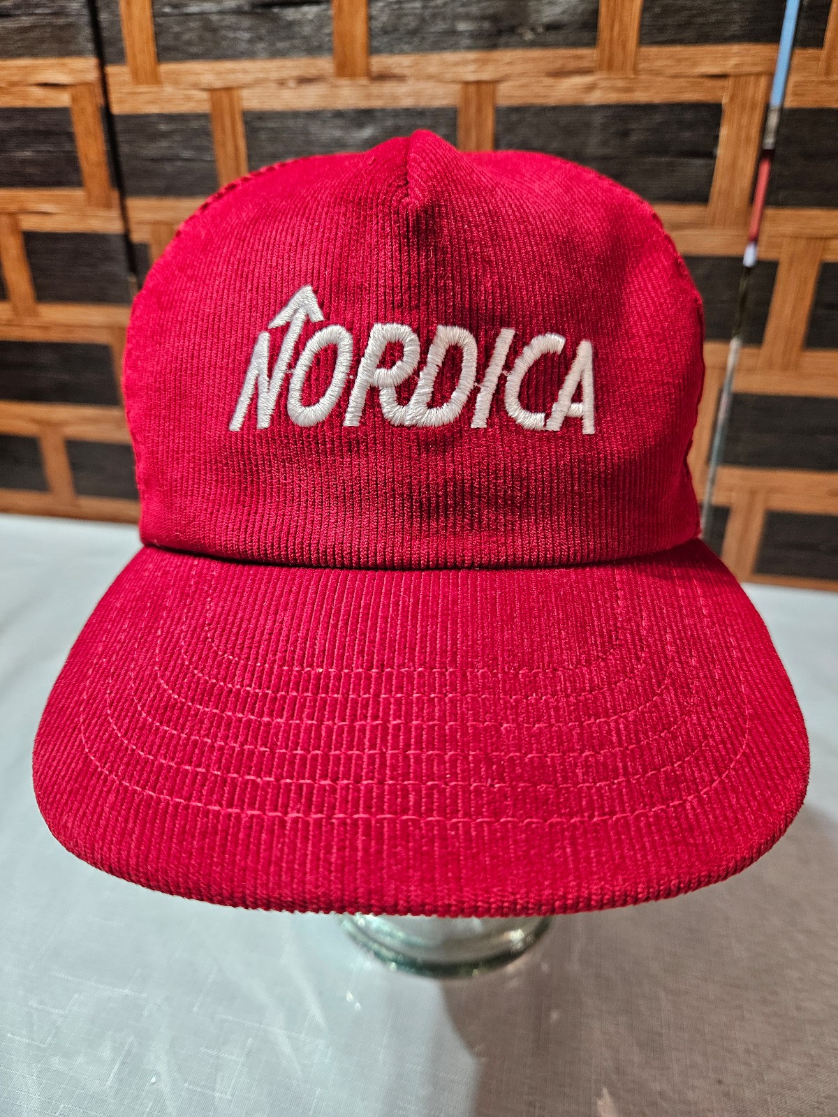 VINTAGE Embroided NORDICA Logo Red Corduroy Cap Adjustable Snapback UNISEX