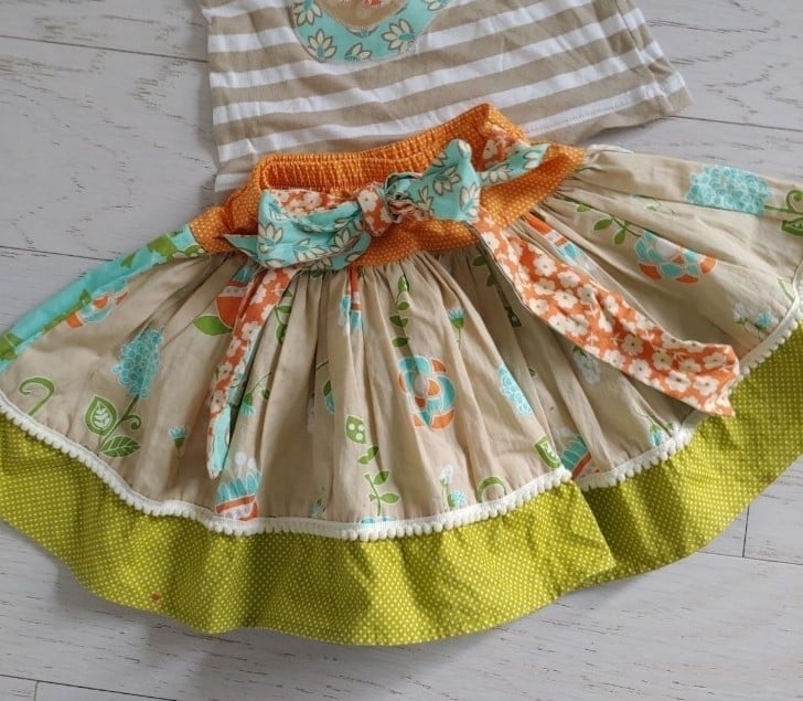 Persnickety Farmers Market Applique top , reversible skirt & Ruffle leggings