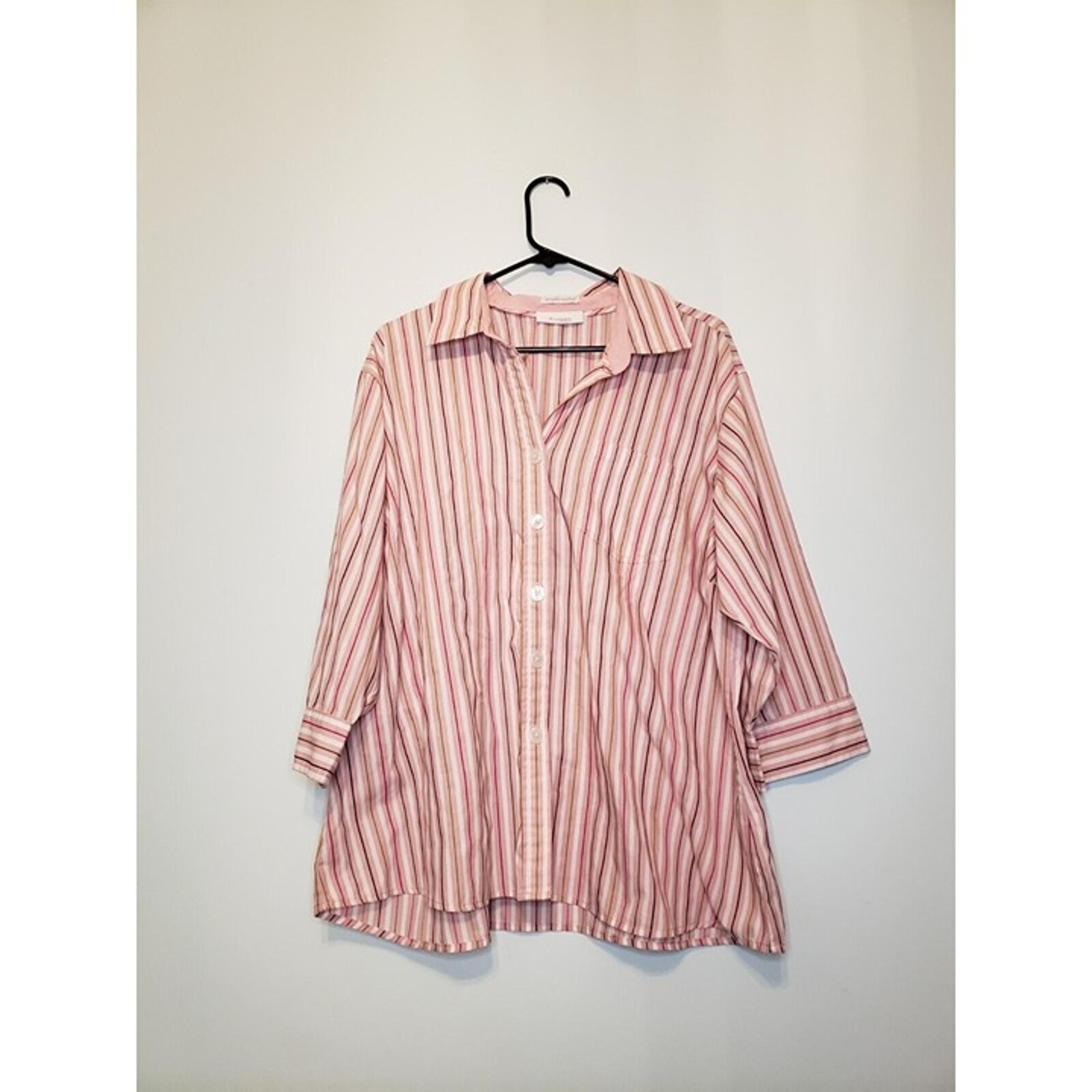 Dressbarn Women Plus Size 22/24 Pink Stripe Shirt Blouse Button Front 3/4 Sleeve