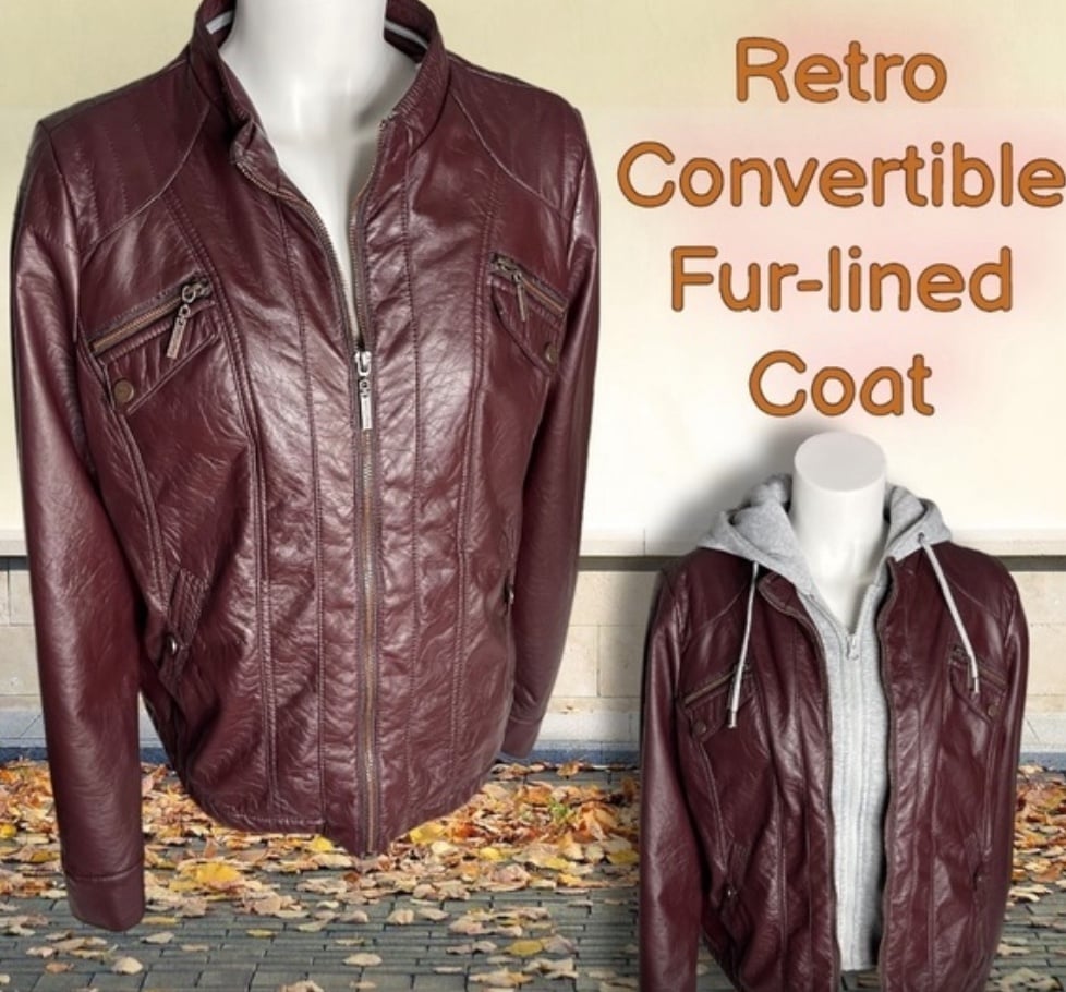 FAUX Leather Retro Inspired Convertible Fur lined Coat Size XL (juniors)