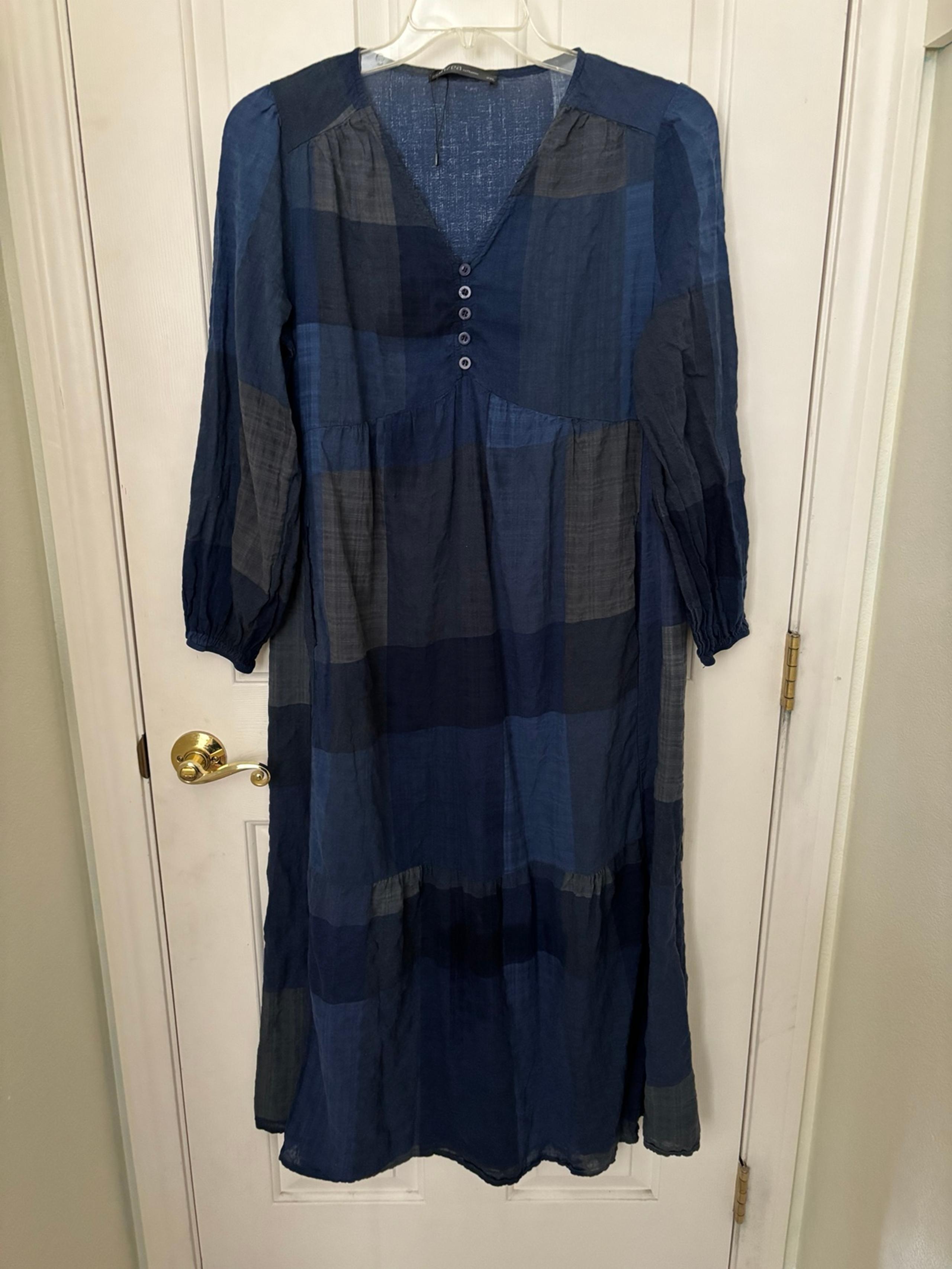 Zanzea Blue Maxi Dress L Boho Patchwork Look NWOT Lightweight Long Sleeve Pocket