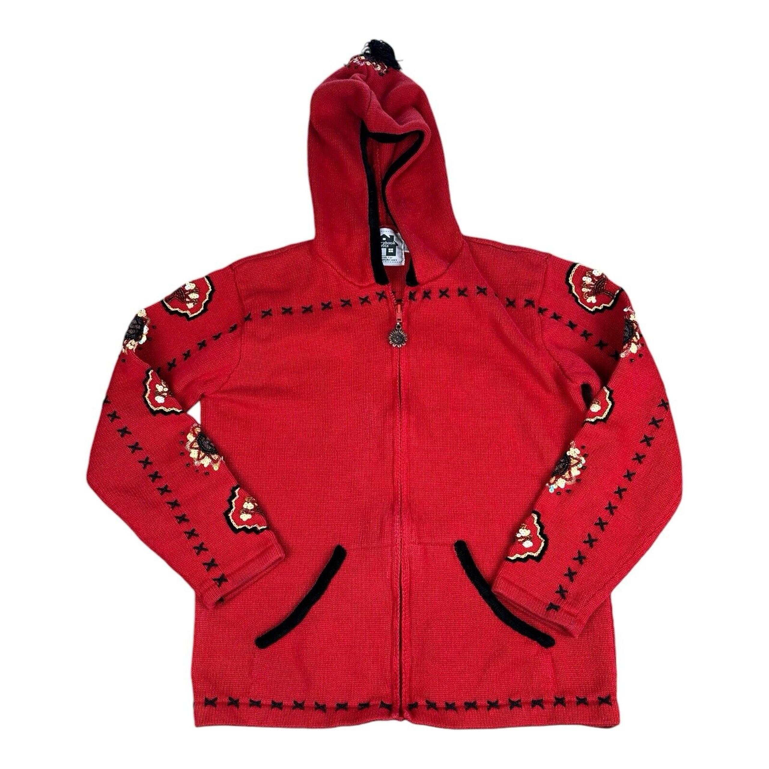 Story Book Knits Full Zip Red Beaded Sunflower Sweater Hooded Women’s Small RARE