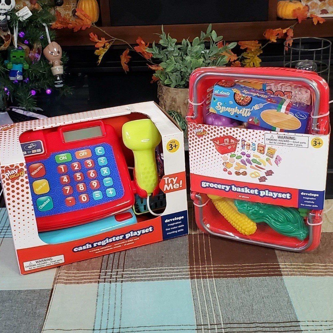 Play Right Cash Register Playset 16 pcs & Grocery Basket Playset 40 pcs Bundle