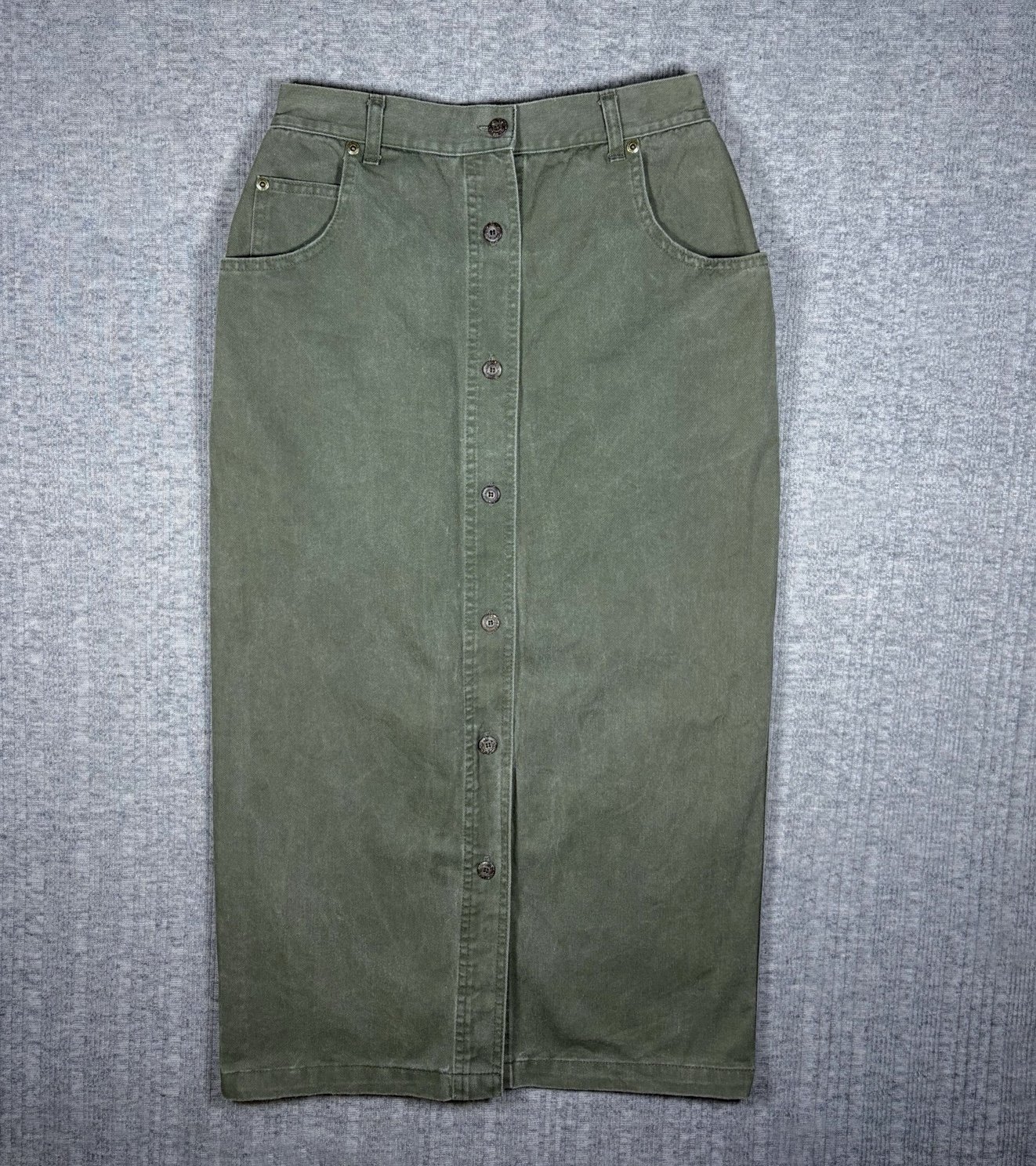 Vtg Woolrich Denim Skirt Green Western Long Button Front USA Made 90s Size 6 26”