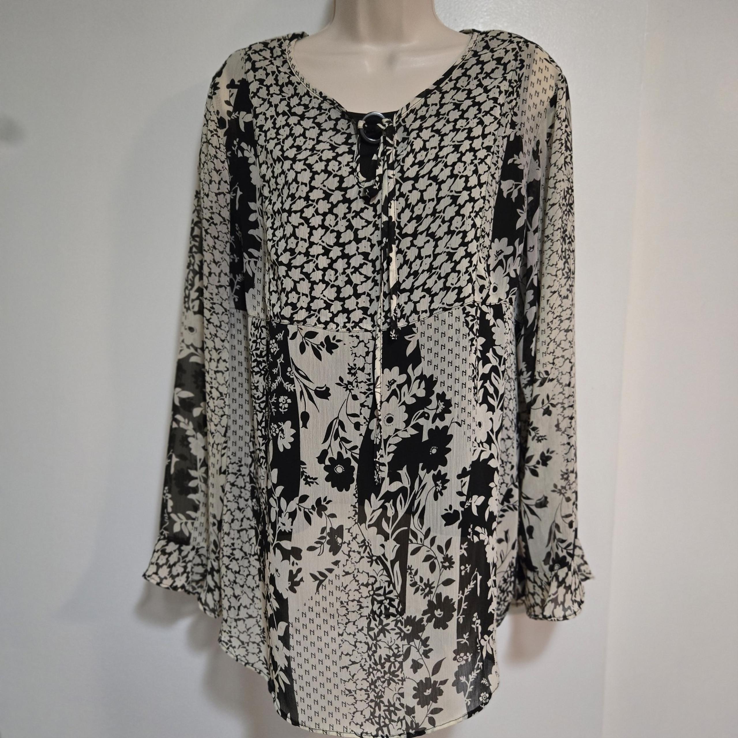 Susan Graver Size M 2-Piece Black Beige Floral Top Tunic Semi Sheer A75928