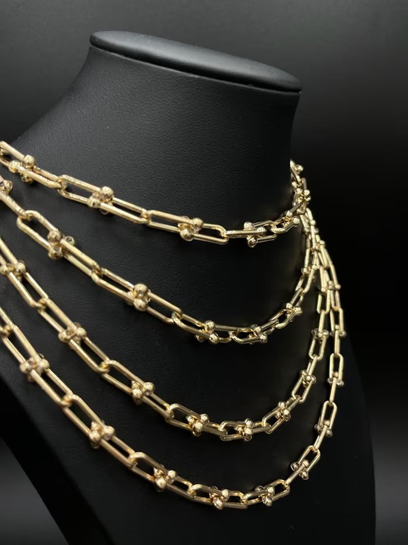 Solid 10K Gold Paperclip With CZ Chain, Solid Gold Paper Clip Chain , Paperclip
