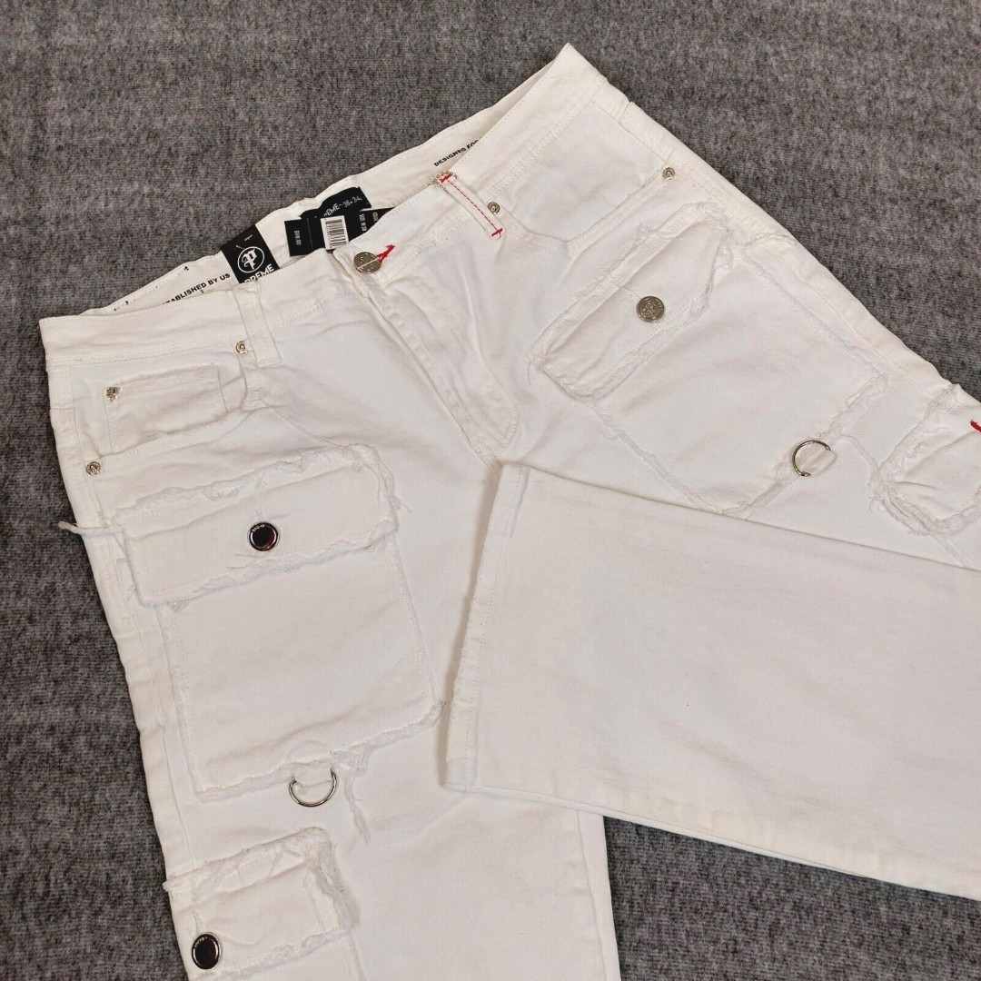 Preme Jeans Mens 38x34 Semi Stacked Fit Cargo Utility White Distressed Denim Y2K