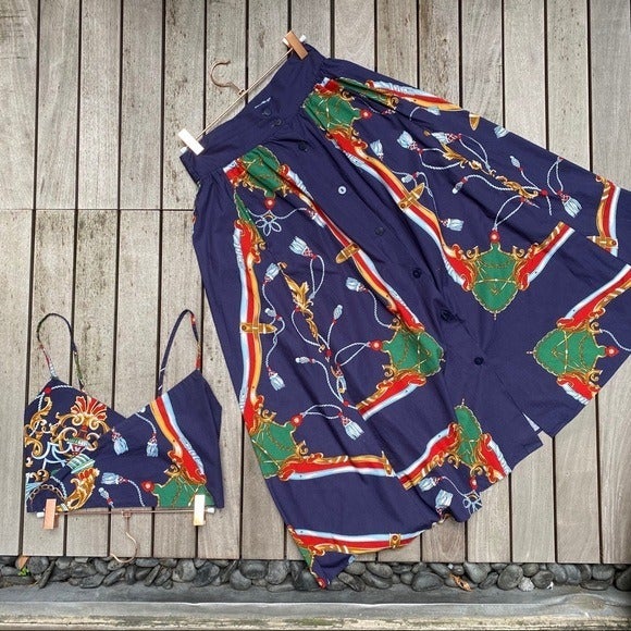 ZARA Navy Nautical Midi Skirt & Crop Top