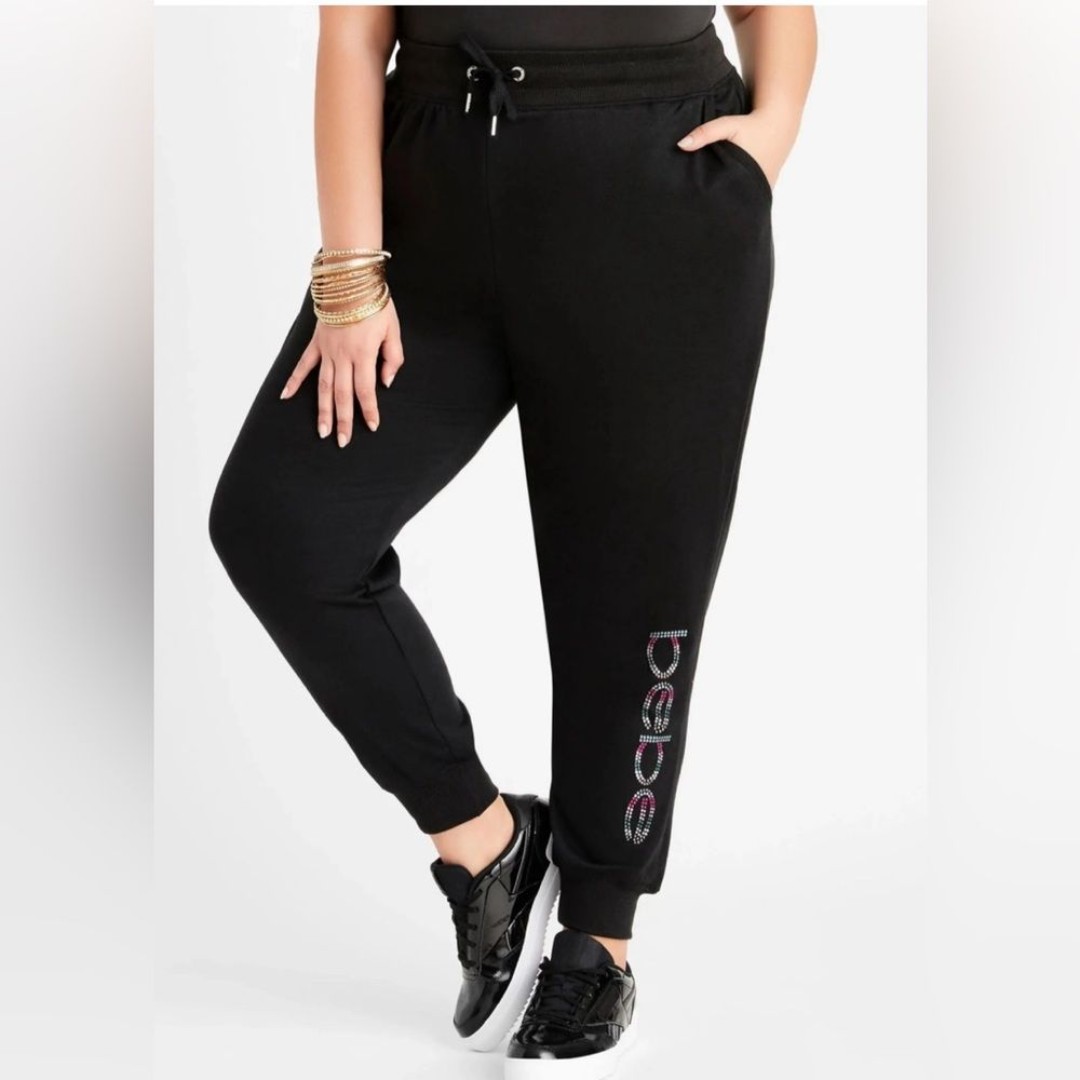 BEBE Women’s Black Jogger Sweatpants Logo Rhinestone Embellished Plus Size 3X