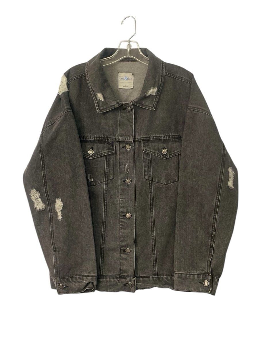 Khaki & Blue Distressed Black Ripped Denim Jacket Size L Large Streetwear