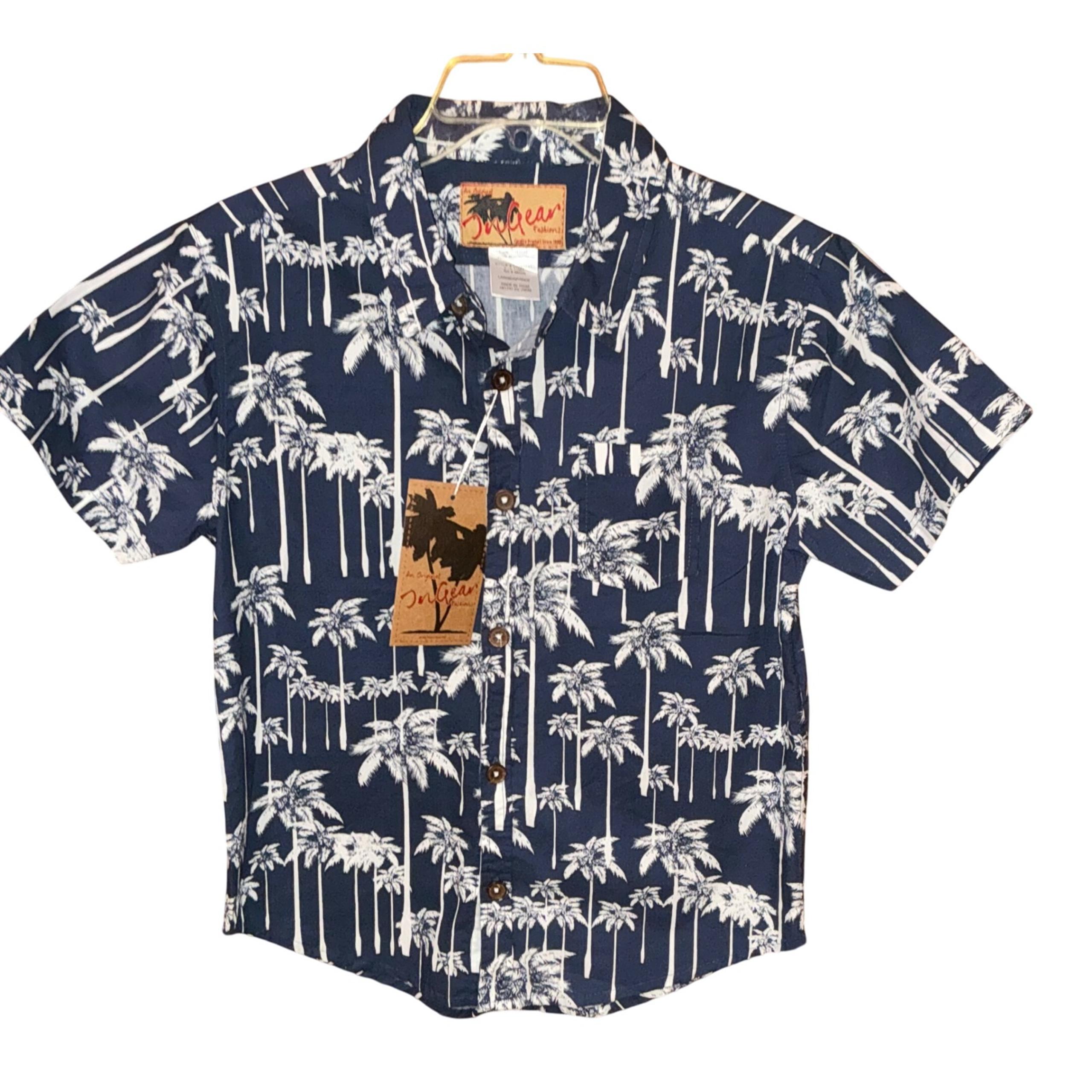 InGear Boys Large Navy Blue button down short sleeve shirt Hawaiian print NWT