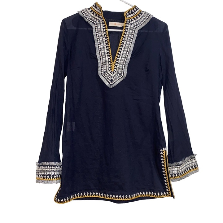 Tory Burch Embroidered Fringe Collar Tunic Top SZ 2 Navy Blue Summer Resort Wear