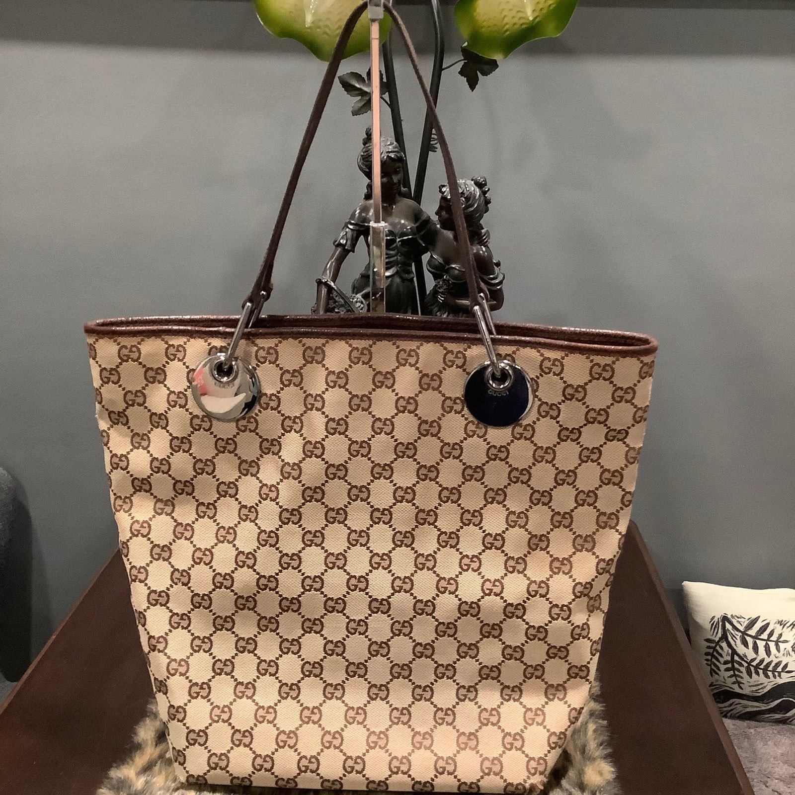 LARGE CANVAS AND LEATHER GUCCI BAG