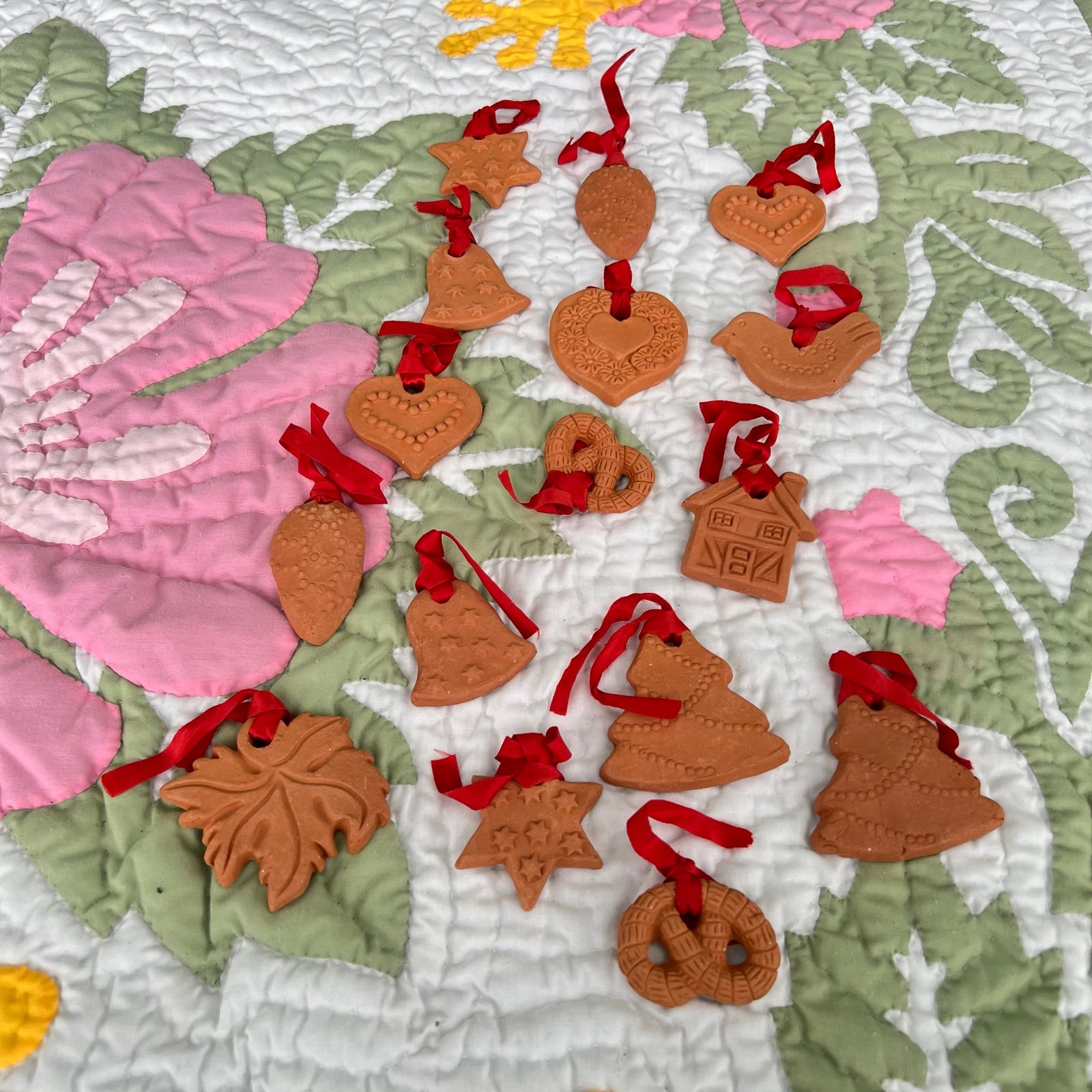 Christmas Ornaments Heart Bird Leaf Pretzel Terra Cotta 16 Pieces