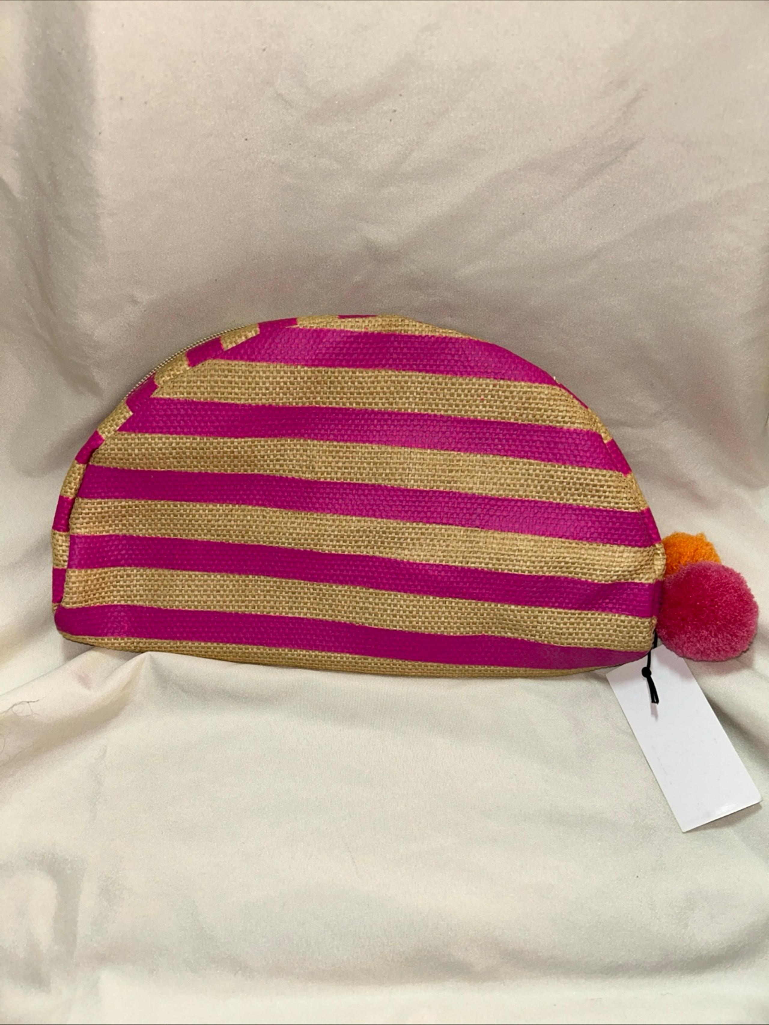 Saks Fifth Avenue Cosmetic Bag Pom Pom Pink Stripe Wood Pulp Make Up Purse NWT