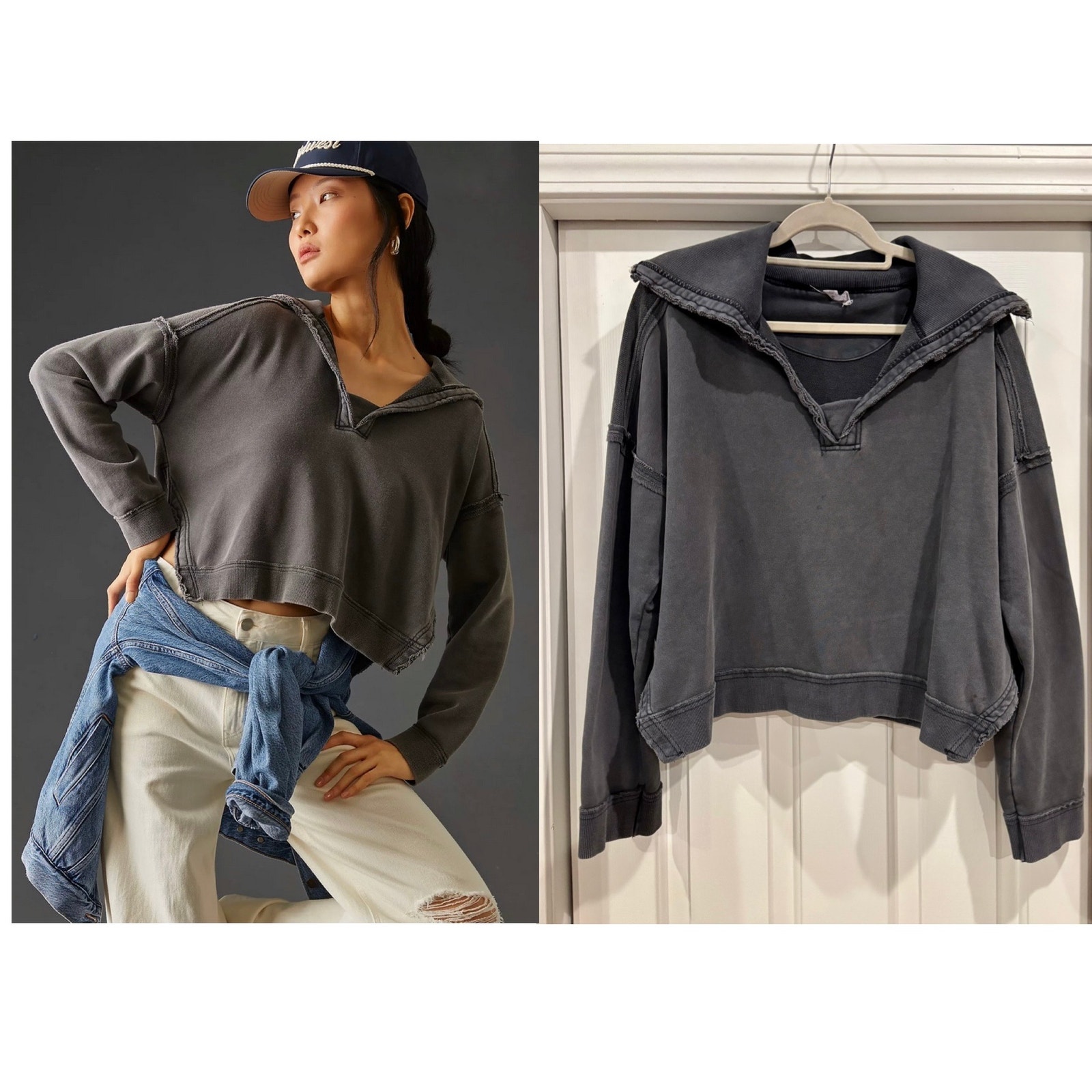 Anthropologie Daily Practice Johnny Collar Pullover Sweatshirt | Gray | XL