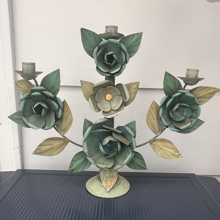 Vintage Tole Metal Floral Roses Motif 3-Arm MCM Candelabra Old Hollywood