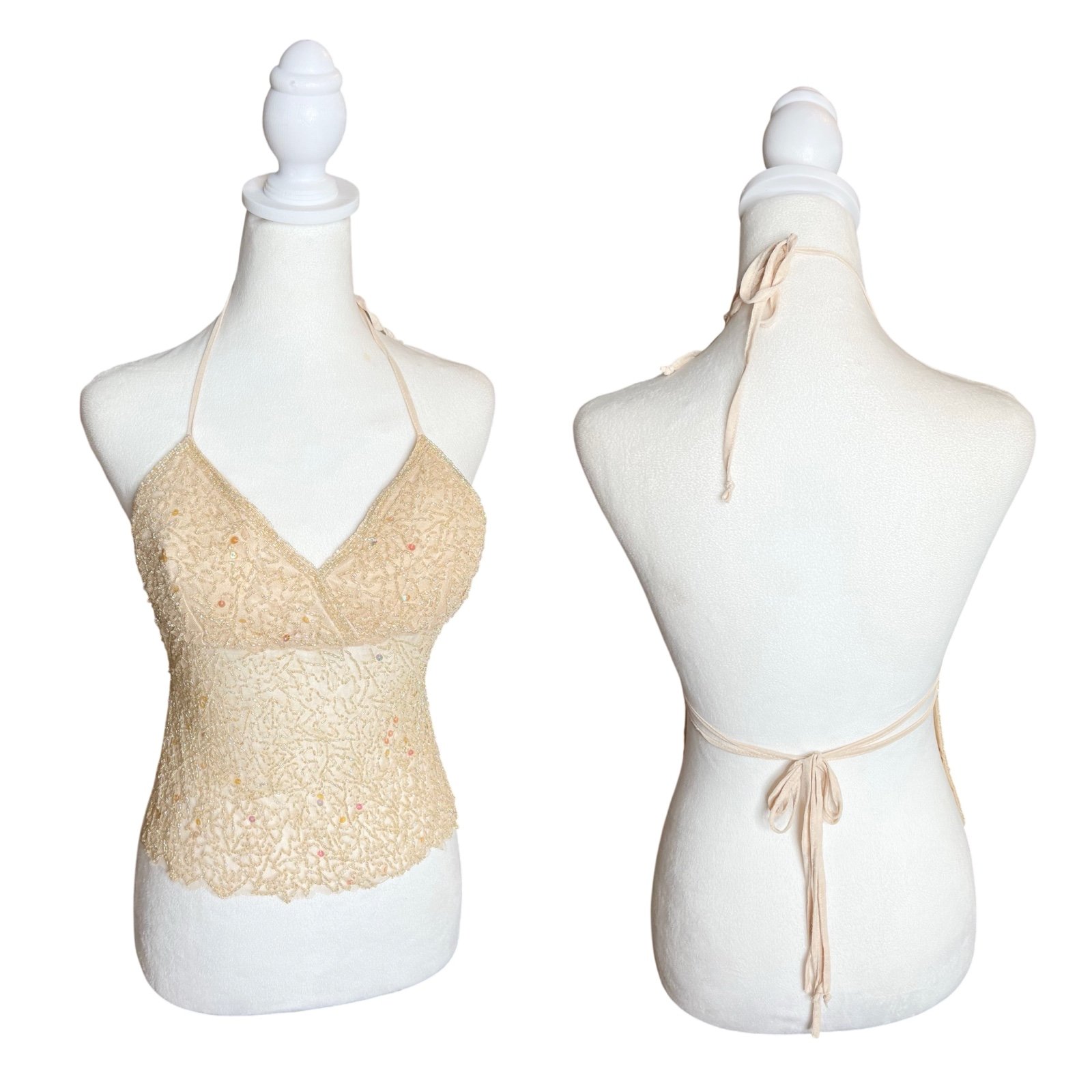 Y2K Deadstock Cream Beaded Halter Top