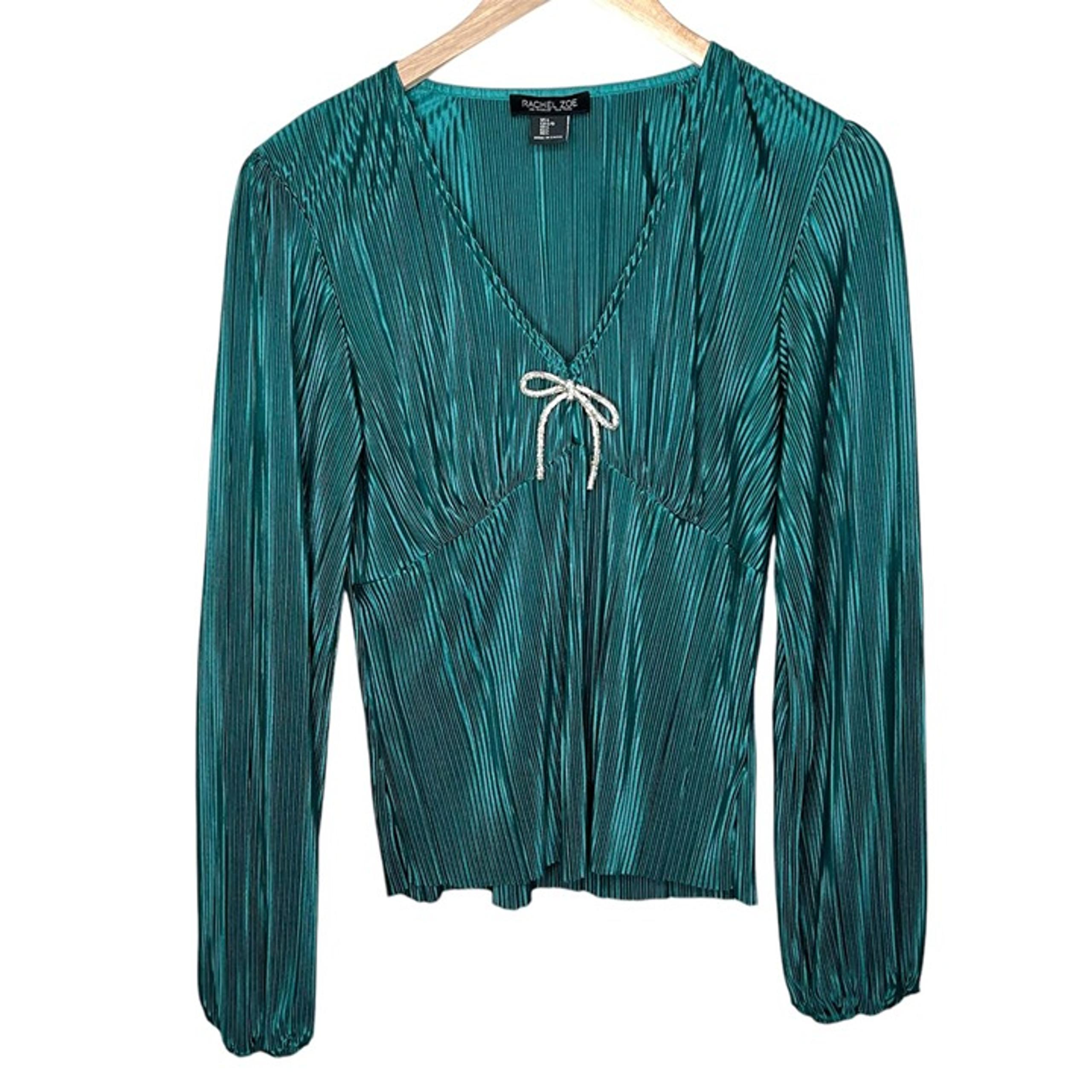 Rachel Zoe Womens Pleated Long Sleeve Teal Embellished Bow Blouse Size L