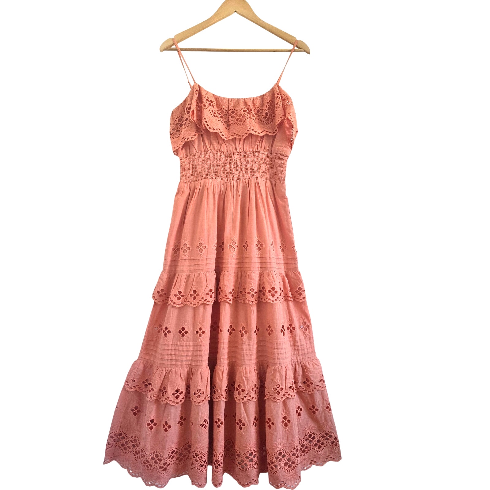 Lovers and Friends Tiered Midi Maxi Dress XS Eyelet Lace Coral Pink Cottagecore