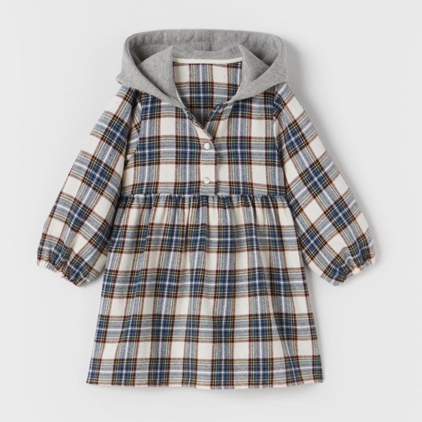 Zara Baby Combination Plaid Hooded Dress 12-18m NWT