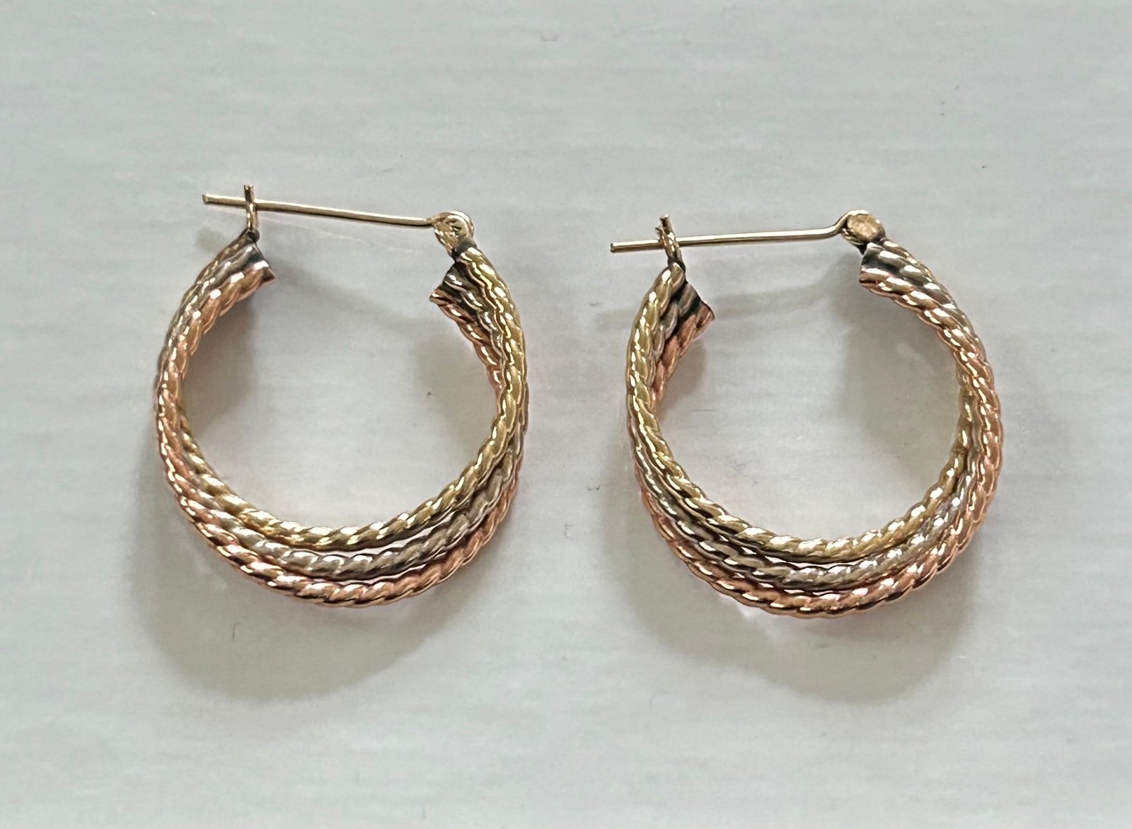 Solid 14k tricolor gold triple twisted hoop Earrings