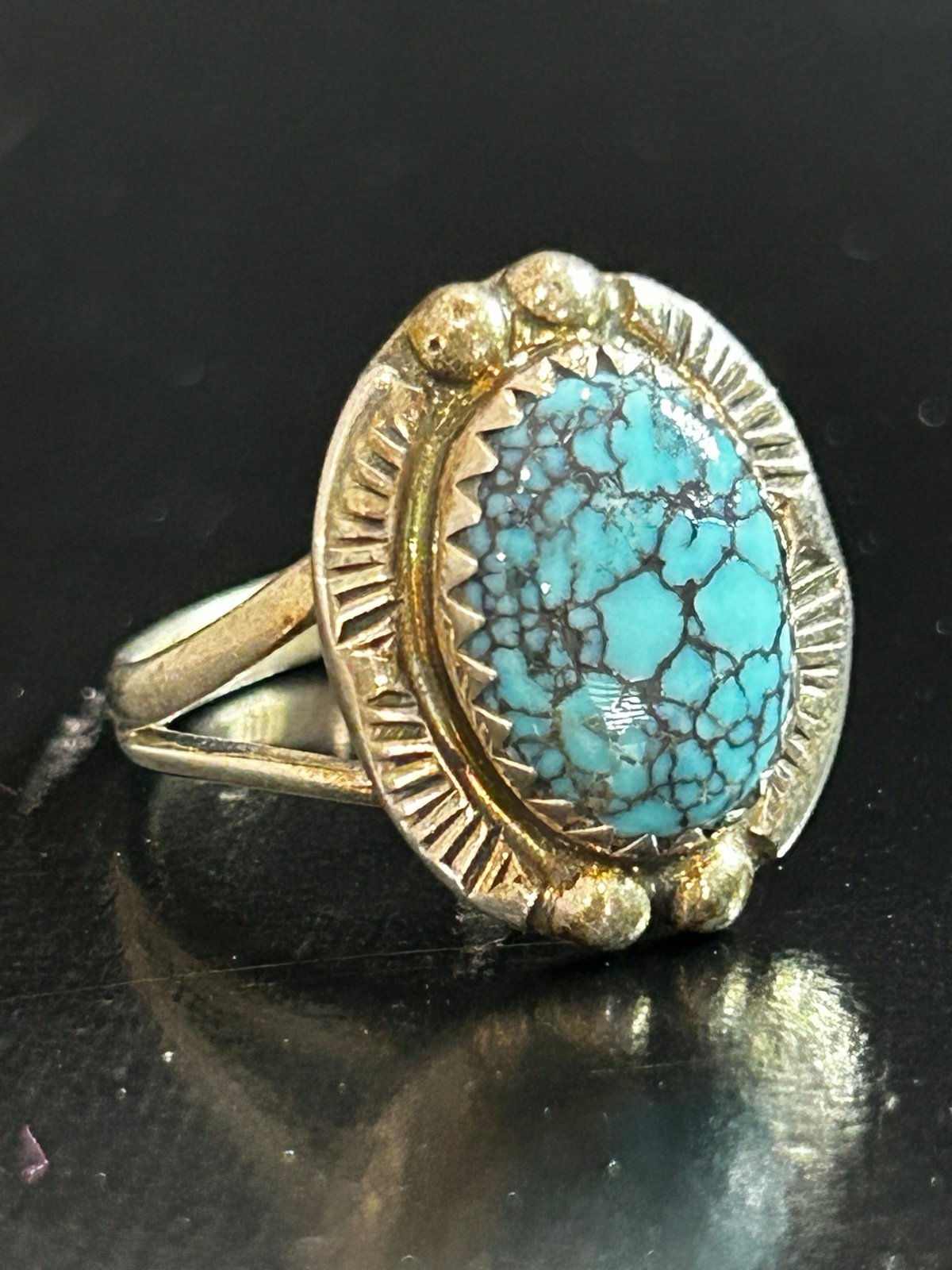 Vintage Ring Size 5 Navajo Turquoise Sterling Silver Spider Web