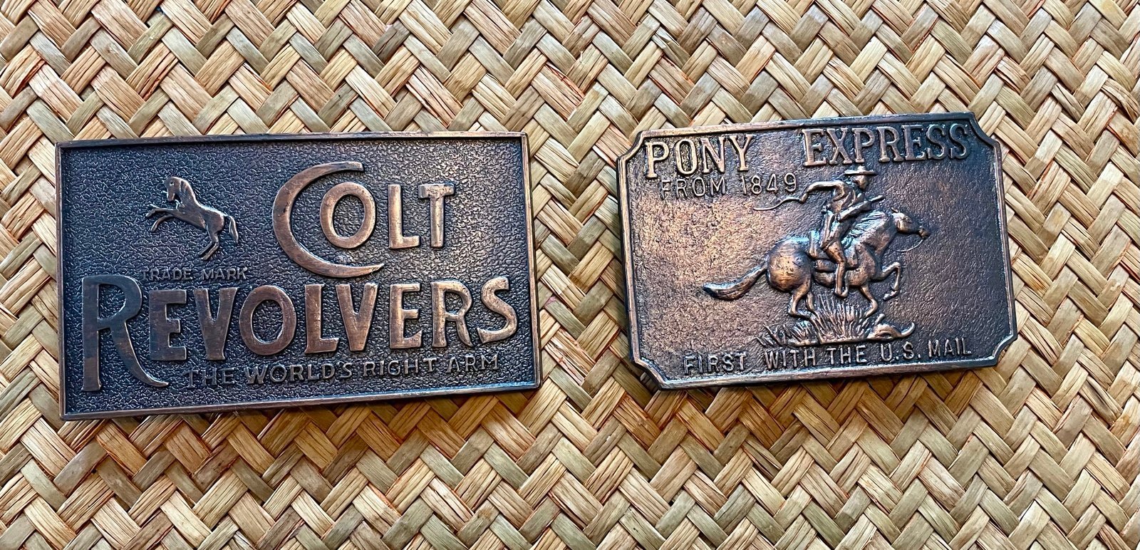 Set of 2 Vintage Belt Buckles/Colt Revolvers/Pony Express.