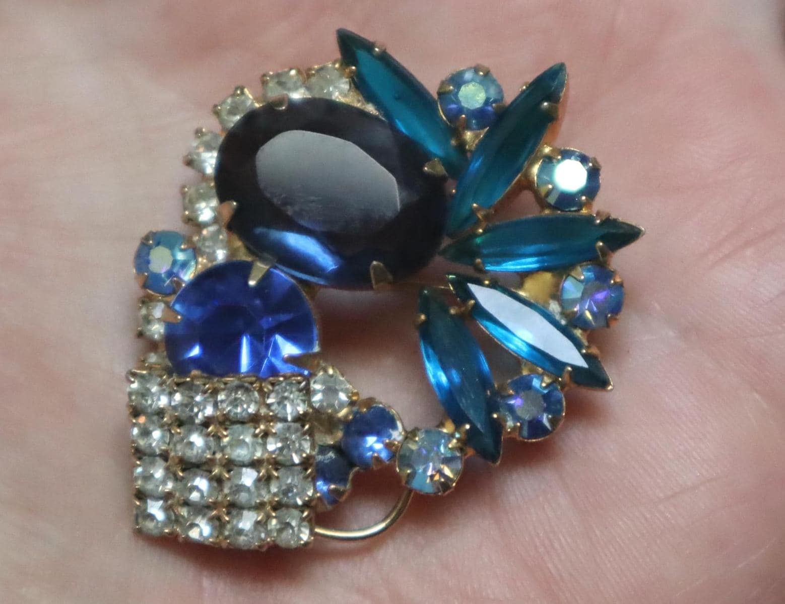 Juliana Flower Basket Teal Rhinestone Brooch Layered Pin