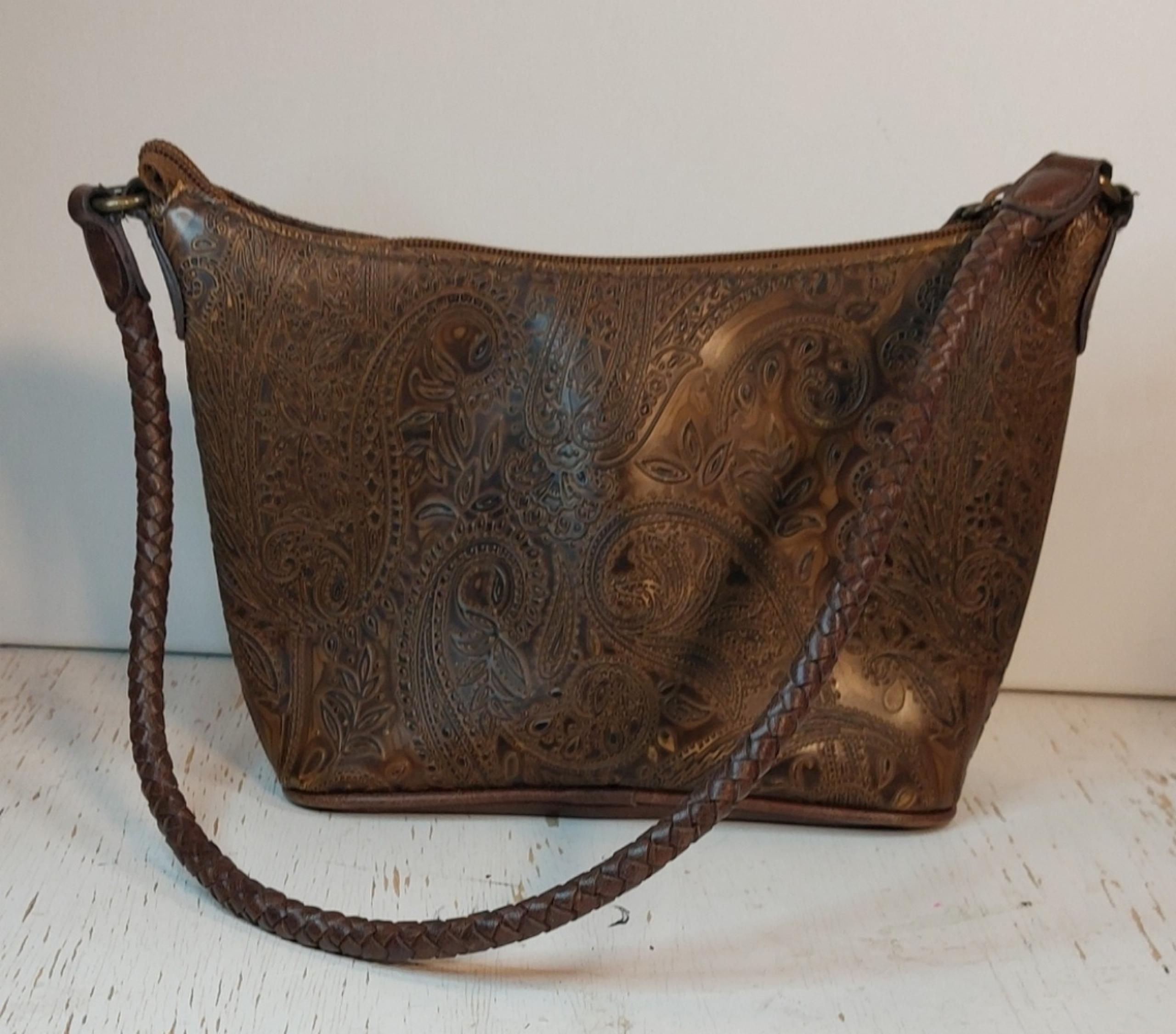 Relic Brown Vegan Leather Tooled Paisley Print Purse Shoulder Bag Braided Handle
